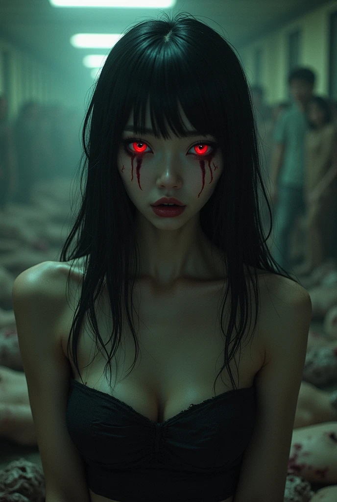 Creepy Korean woman with a strange visage, zombie-like stunningly beautiful, sitting within a nightmarish, deteriorating experimental facility, with dark black hair featuring full, straight bangs, red glowing eyes that pierce the soul, dressed in a short ensemble, her expressionless gaze seemingly inviting with a macabre allure, amidst a backdrop of decaying bodies, dark manga influence, close up