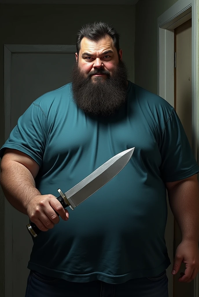 Create a slightly fat evil bearded man in a blue t-shirt with a knife
