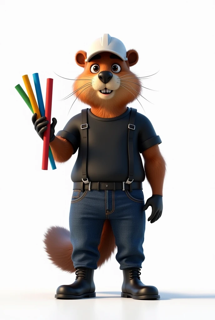 Create animated beaver corporate image options , that is standing in front, delgado, that he is dressed in a black collarless t-shirt, and a dark blue jeans pants, strapless and with strap , Black engineer-type boots inside the pants and the shirt is dressed, that one has a white safety helmet, the other dark blue cap, and another green cap , that looks like an engineer, that in his left hand he holds some cut tubes of various colors, and with his right hand raised greeting, that has a white background, and his expression is calm and with his mouth half open