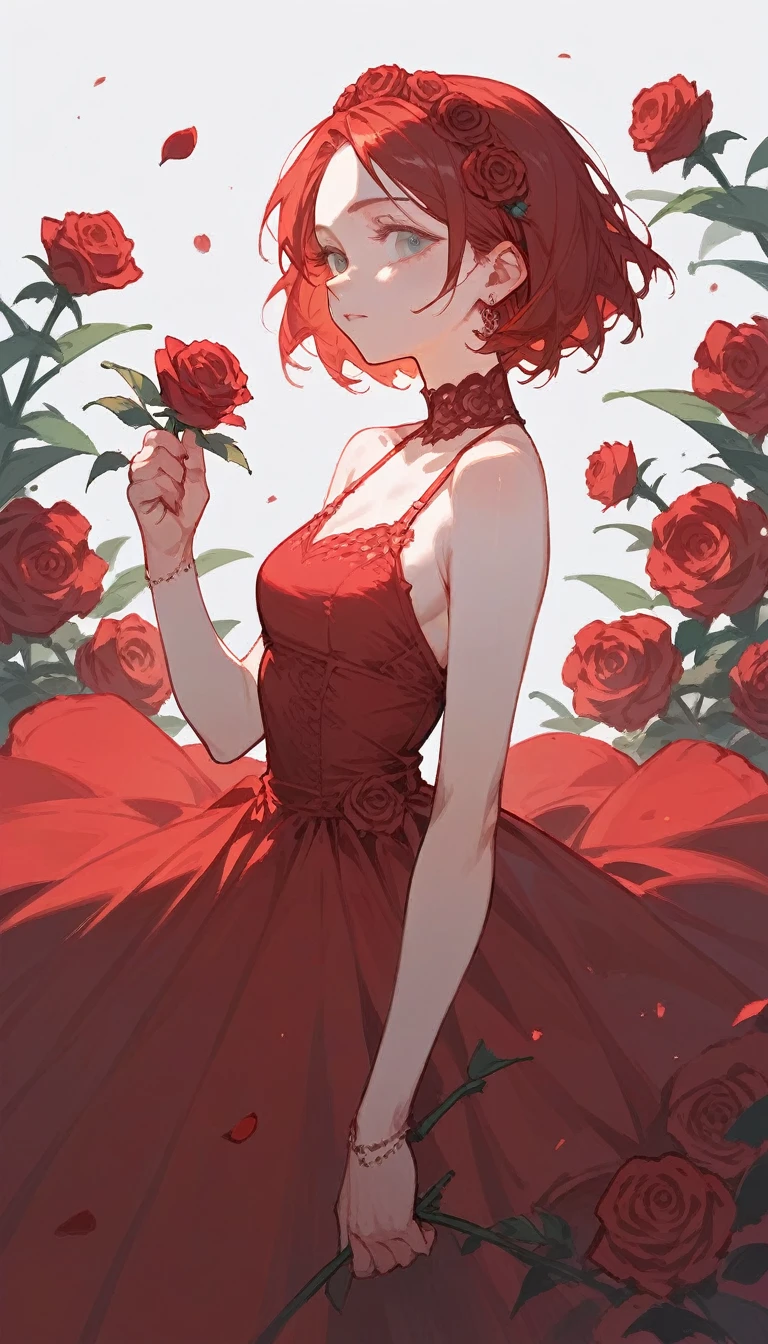 1 girl, solo,berasts,rose,red dress