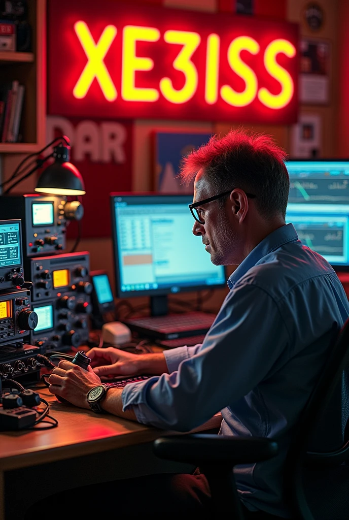 AMATEUR RADIO sitting at his desk with hf radios and pc monitors , on the wall the initials XE3ISS IN VIVID COLORS