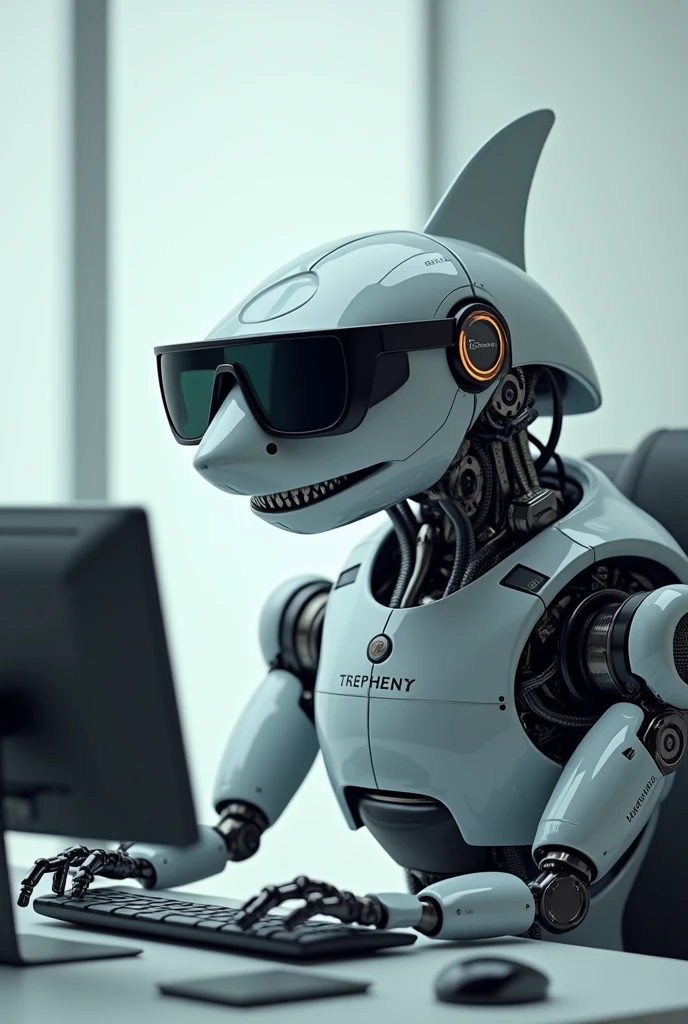 A robotic shark, wearing dark glasses, que faz dropshipping no pc