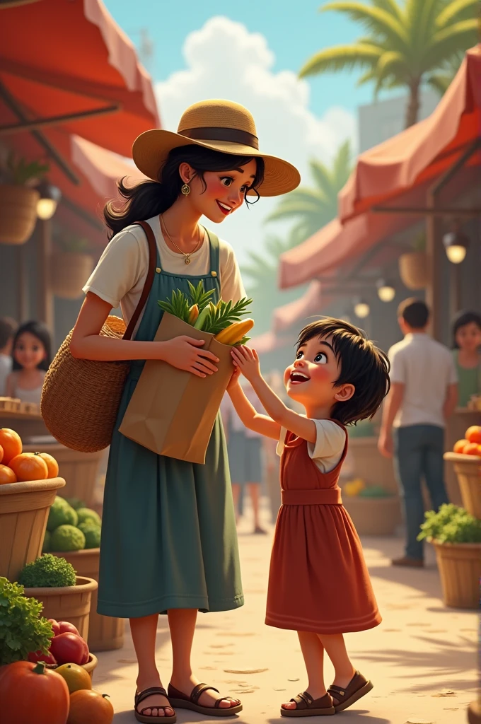 A is helping his mother carry groceries at the market