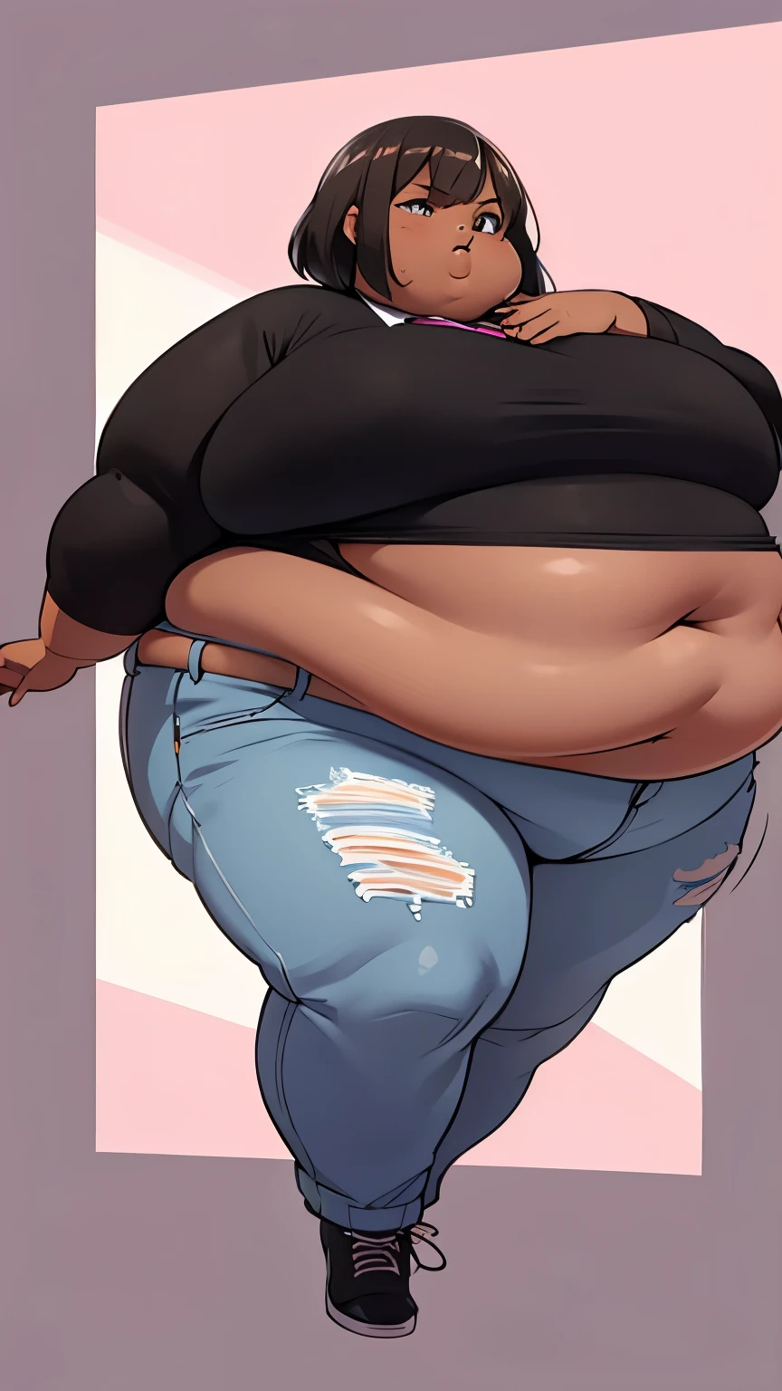Extremely obese African-American woman, belly hanging, ((extremely obese)), belly sagging, wearing a pink crop top with long sleeves and loose jeans, (dark brown skin), fat blob, fat arms, fat face, fat limbs
