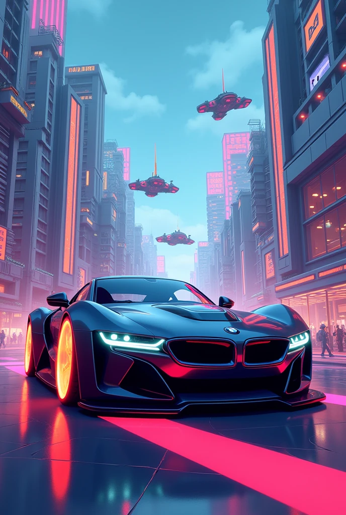 A futuristic BMW model in a cartoonish sci-fi city, with glowing neon lights, flying cars, and tall, angular skyscrapers. The BMW has a sleek, modern design with exaggerated features, like large rims and glowing headlights. The background has a mix of cartoon and high-tech elements, with a playful yet advanced atmosphere