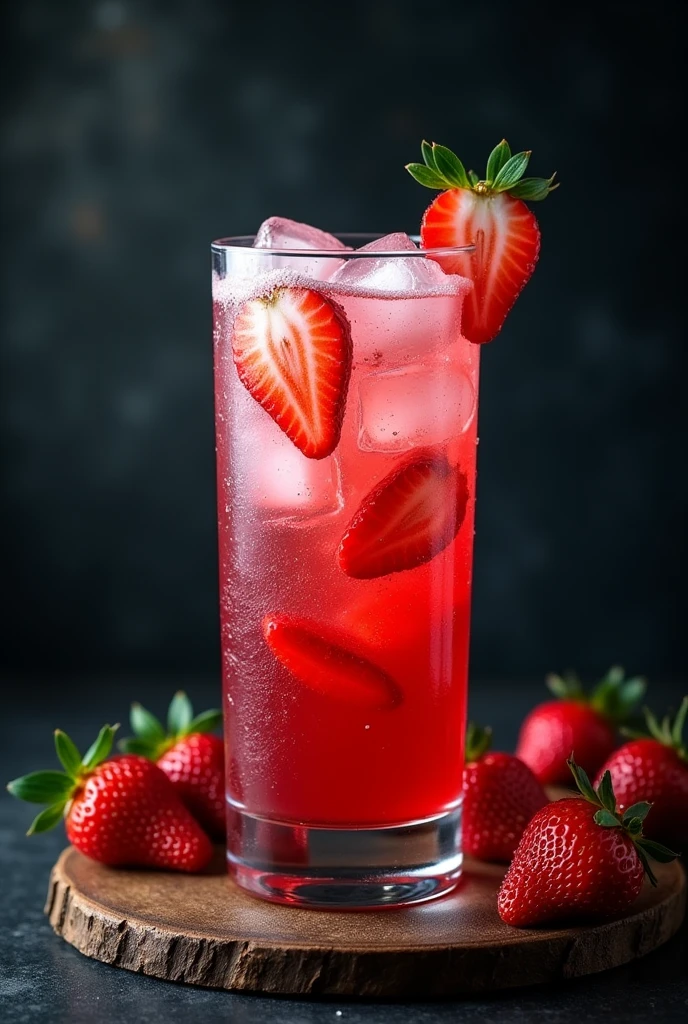 I want a photo of a strawberry drink on a wooden board with a black background. the drink in a large glass filled with drink and ice