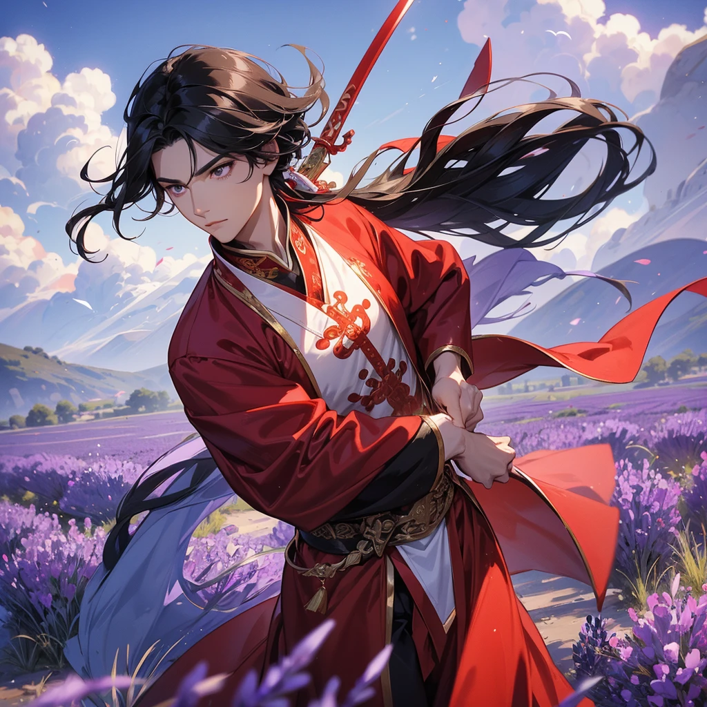 A Handsome black-hair male holding a large sword in an red-white ancient chinese costume, close up.

Stroll among the purple lavender fields , There are some floating clouds.