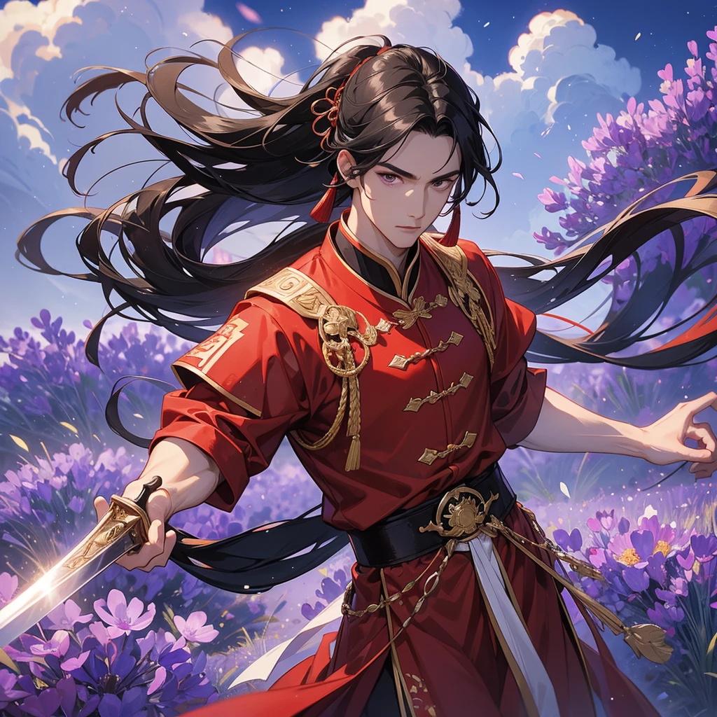 A Handsome black-hair male holding a large sword in an red-white ancient chinese costume, close up.
Stroll among the purple lavender fields , There are some floating clouds.