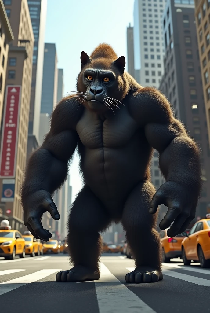 “A realistic image of a gorilla with the face of a cat, standing on a busy street in New York City. The gorilla has the body and size of a typical gorilla, but its face is that of a domestic cat, with whiskers, a small nose, and expressive feline eyes. The background shows the iconic New York City streets with yellow taxis, tall skyscrapers, and people walking by, some of whom are looking curiously at the gorilla. The scene is set during the day with bright sunlight casting shadows on the street.”
