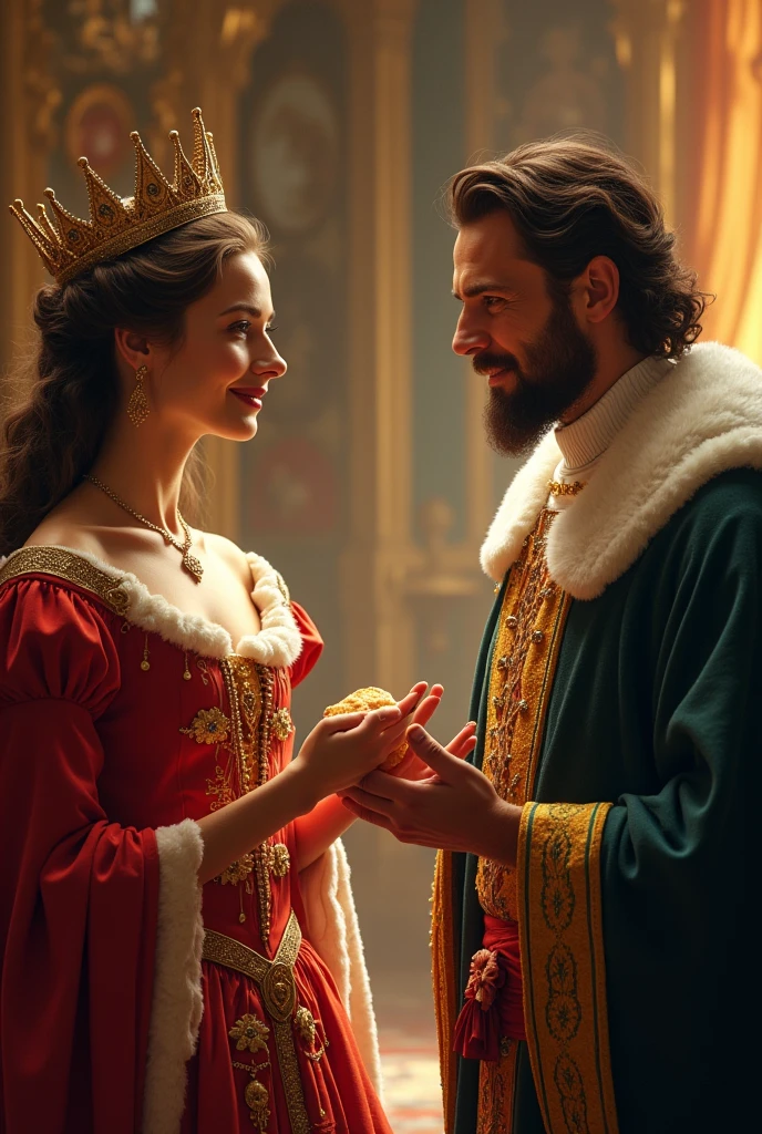 Queen's Challenge: The queen, with a teasing grin, holds out a small piece of bread to the king, saying, "No, Maharaj, today you will eat only one piece of bread. If you can be satisfied with this, I will reward you." The king looks at the bread skeptically but smiles and nods.