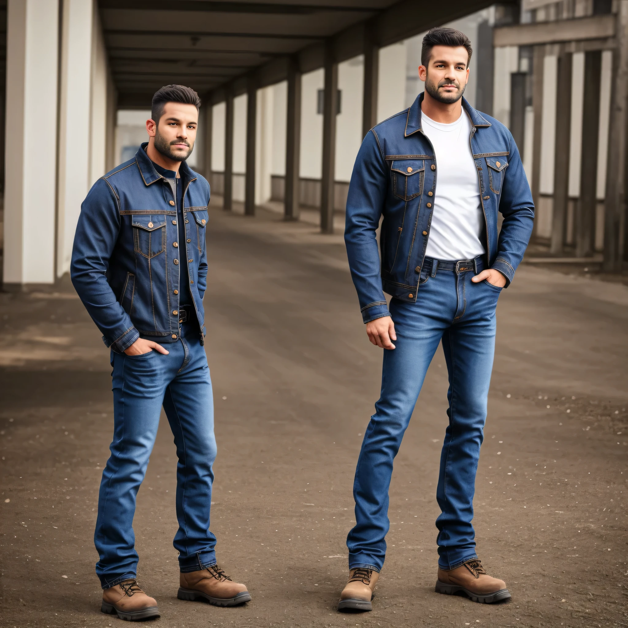 A man, in jeans, work boots, a jacket, realistically, standing upright