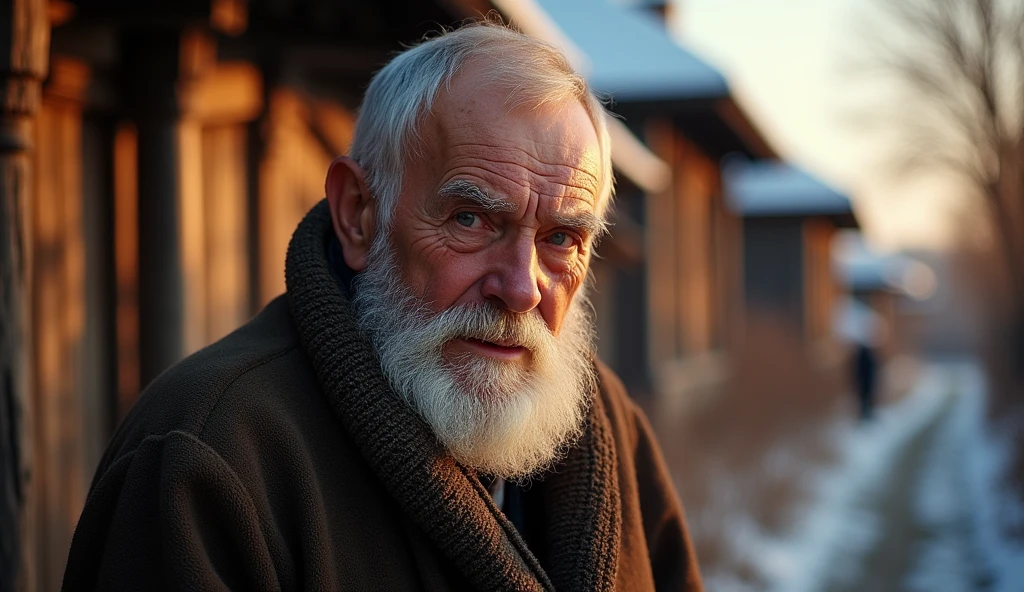 ancient russian man, looking directly at the camera, not at the center, clear facial features, bright colors, light particles, with bright light, Mushhiv, wallpaper art, UHD wallpapers, vivid atmosphere, near a house ancient village