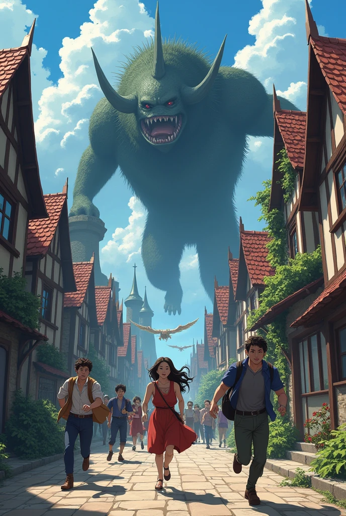 Anime-style fantasy town in the Middle Ages is attacked by monsters, panic people animation 