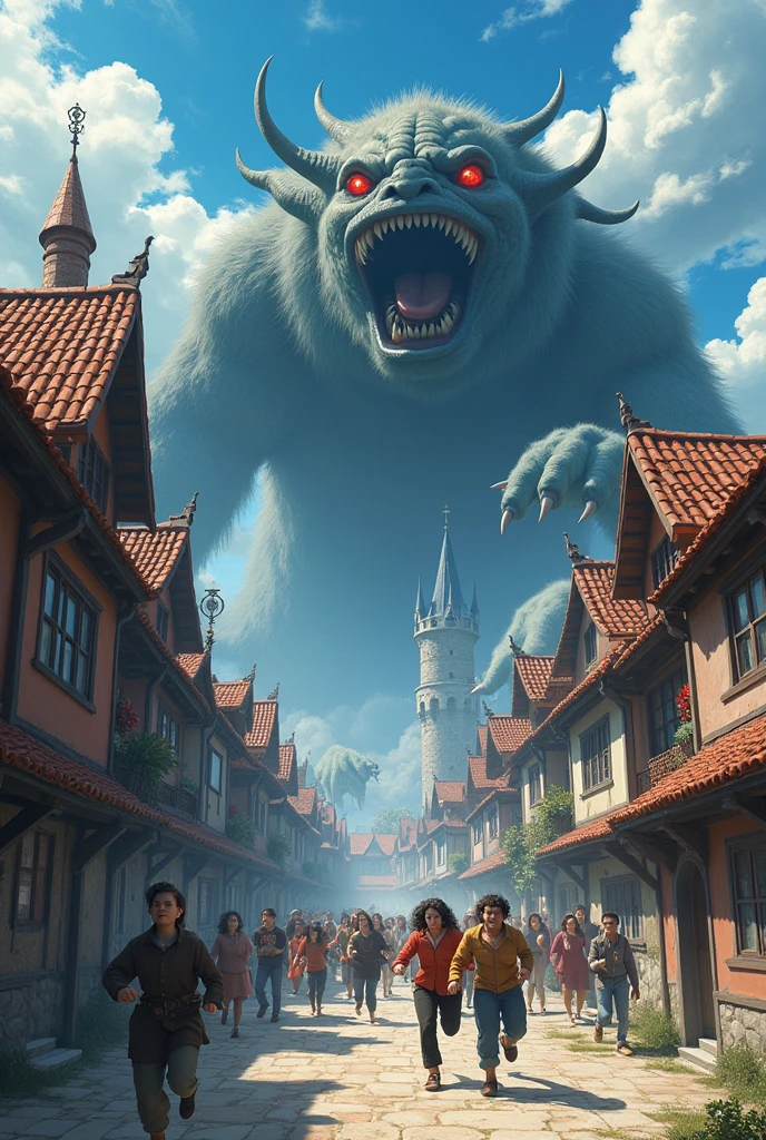 Middle Ages anime fantasy magic city attacked by monsters panic cartoon