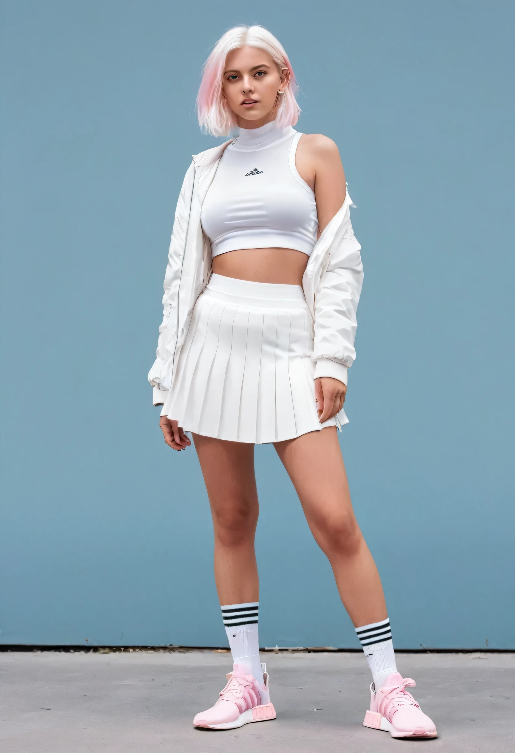 photo by full body. 1 young woman. Scandinavian beauty. clear eyes. shoulder length white hair. Rosto angelical. medium breasts. Wearing a white tennis skirt. Adidas NMD white and pink sneakers with gaiters. She is without a bra, opening her jacket to show her breasts. Tem piercing no umbigo.