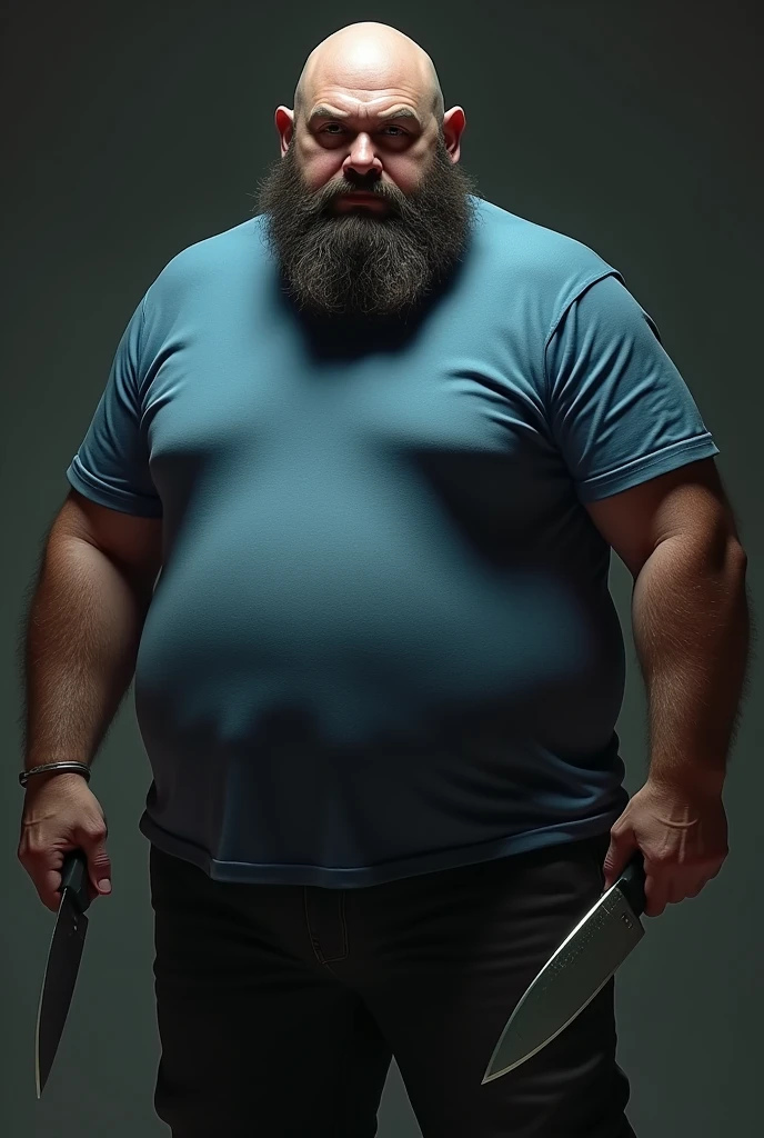 Create a slightly fat evil bearded man in a blue t-shirt with a knife
