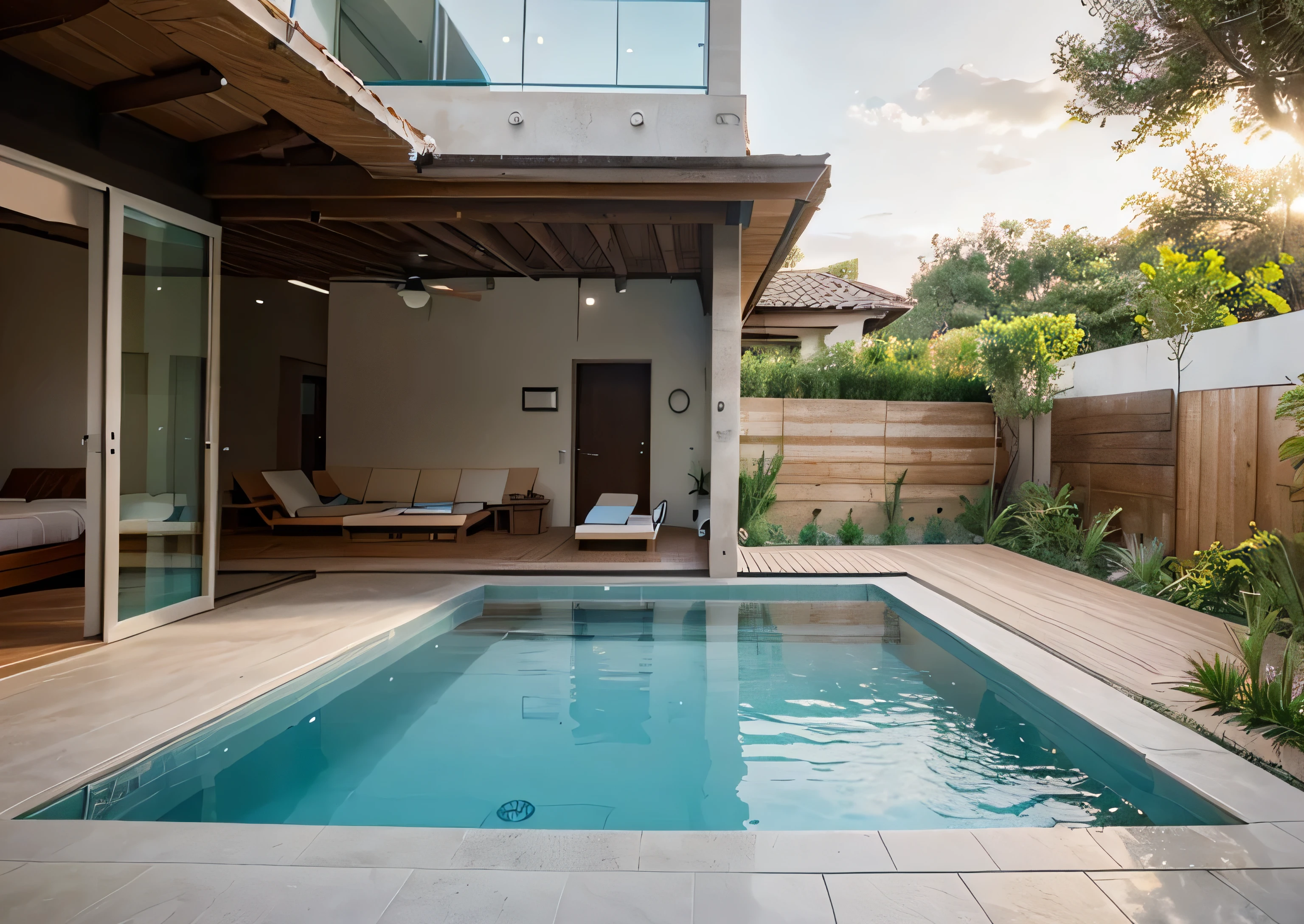 A swimming pool for a villa with multiple functional spaces, including a shower, a jacuzzi, and a wading pool for children. The surrounding garden area is spacious and private, with clean lines and natural materials used in small spaces. The pool is bathed in natural light, creating a bright and inviting atmosphere.