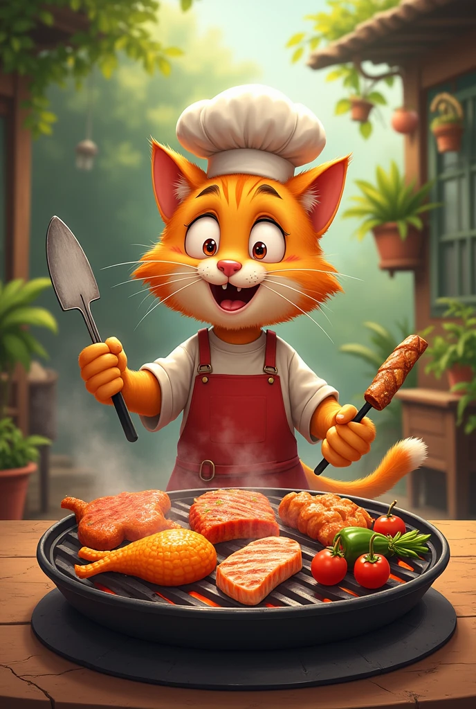 Cat makes、barbecue、vegetables、fish、meat、Grilling on a hot plate、smile