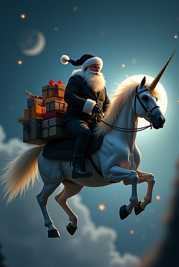 Santa flies through the sky on a unicorn with gifts in a black suit on Halloween