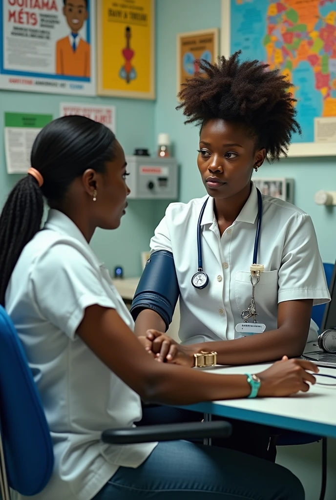 Merci de créer une page de magazine "RUBRIQUE SANITE MACUMBA " afro-haïtien, une très belle  infirmière dans sa salle de consultation, en train de prendre la tension d'un jeune assis,  tensiomètre autour du bras du jeune homme,  âgée  de 30 ans, inquiet de sa pathologie.  Materiels médicale visible. Tableaux  sur les murs. Cadre coloré,  dynamique, explicite. 