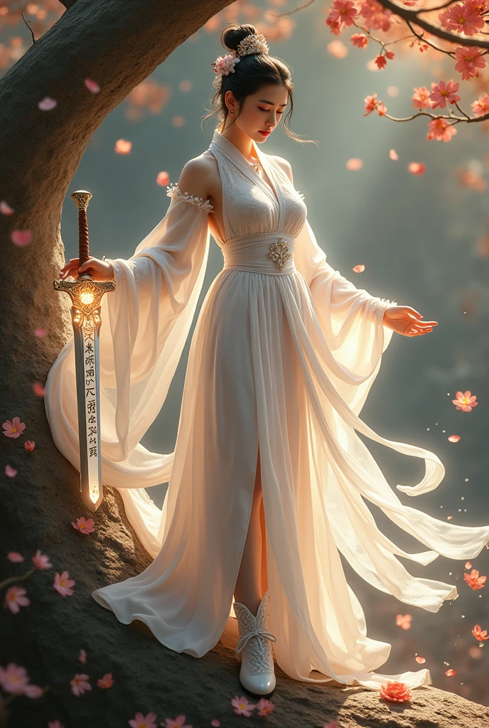 Full body, a wuxia character Xiaolongnü ((Little Dragon Girl)) inspired by a Chinese wuxia novelist Jin Yong, looking at viewer, most beautiful woman, elegant, slim body, perfect hand, white hanfu silk dress, dress with lace engraved, white inner long pants, white knot, White Belt, veiling, white Xiaolongnu boots, she looks exactly like the real person in Gushe, with graceful appearance and noble spirit, fairytale, magical, (She is holding this magical sword has a blade of gleaming steel, inscribed with arcane runes that glow with a faint blue light. The hilt is wrapped with black leather and adorned with a silver pommel). Flying on the tree, in fighting position, magical, fairytale, energy element, light force, full body, God style, fairytale, fantasy, circle lighting, petals, flowers, colorful, dark amber divine background, Chinese style gorgeous low-cut Ninja stealth suit (Pink Theme, badge pattern, breasts exposed), gorgeous hair accessories, realistic ism, realistic skin, clear soft skin, skin detail, pores, particles, large breasts, art,DonMQu4n7umZ3r0XL