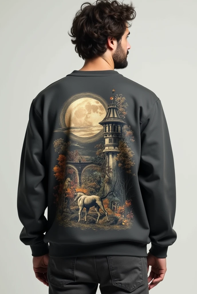 Sweatshirt with a realistic design depicting art on the back