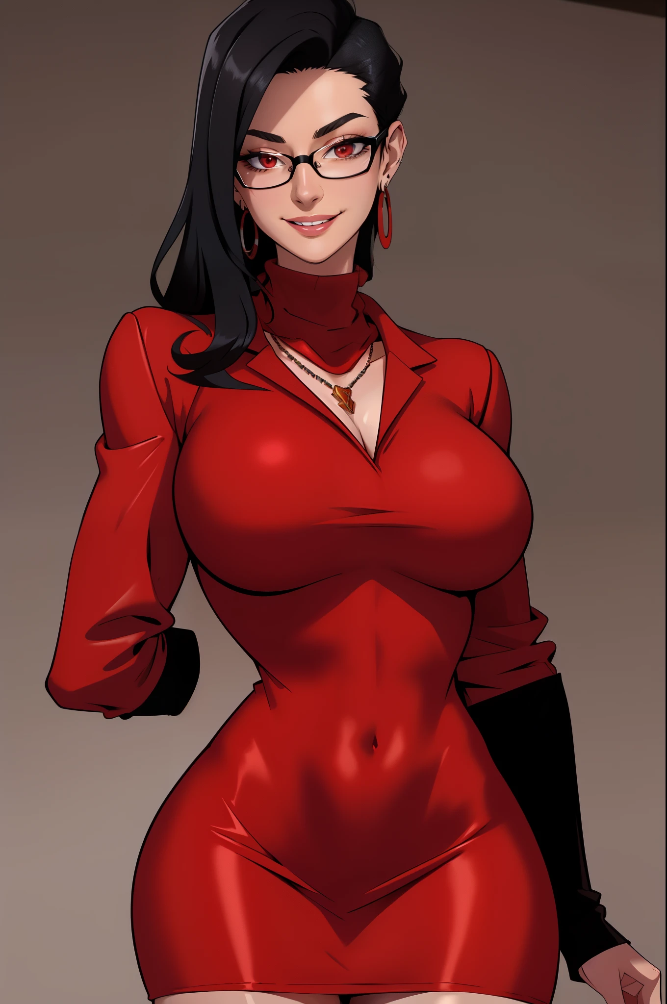 masterpiece, best quality, black hair, glasses, necklace, earrings, red sweater, turtleneck, labcoat, black miniskirt, large breasts, upper body, looking at viewer, doctor's office, smile, mischievous,