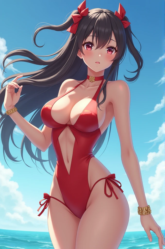 Give me an anime girl with big tits and big ass swimsuit 