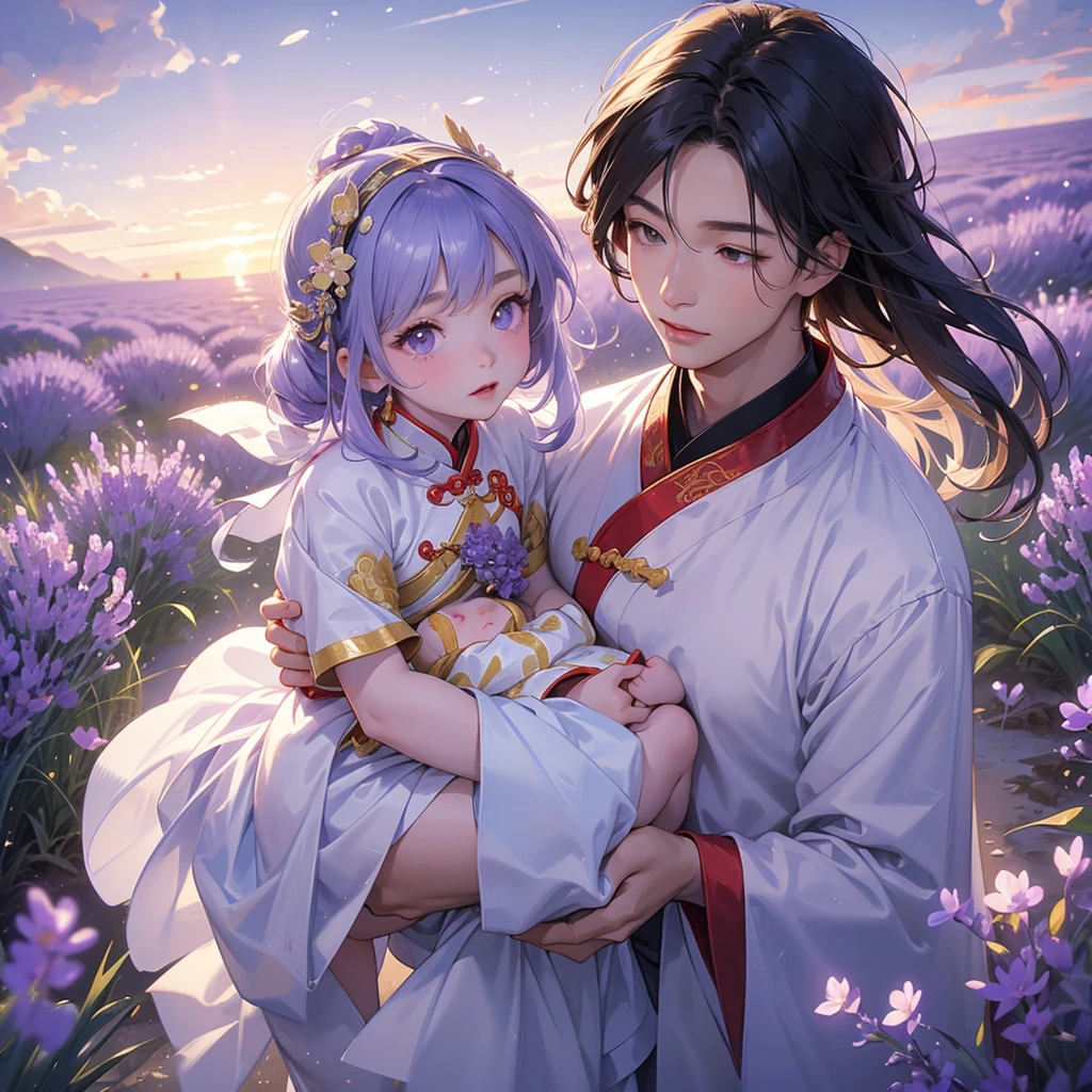 A one-year-old baby boy in an ancient Chinese baby costume with his beautiful mother, dressed in an white ancient Chinese costume, Stroll among the purple lavender fields , There are some floating clouds, playing with each other, with his handsome father standing next to his mother, close up.