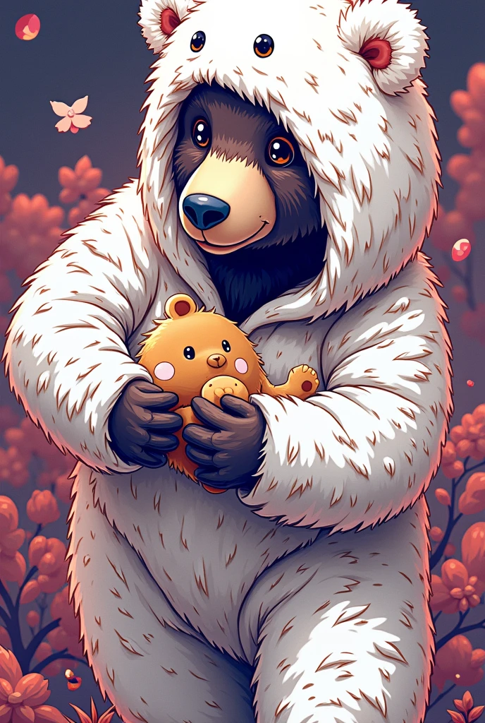 a brown bear wearing a white bear costume, brown fluffy bear, white bear costume with hood, cute bear, photorealistic, 8k, high quality, masterpiece, detailed fur texture, detailed costume design, studio lighting, realistic lighting, vibrant colors, warm lighting, soft focus