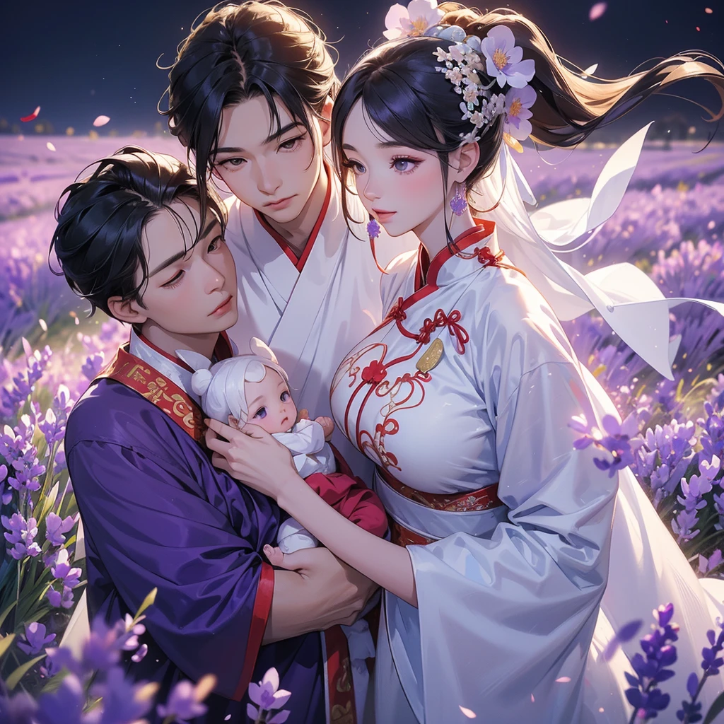 A one-year-old baby boy in an ancient Chinese baby costume with his beautiful mother, dressed in an white ancient Chinese costume, Stroll among the purple lavender fields , There are some floating clouds, playing with each other, with his handsome father standing next to his mother, close up.