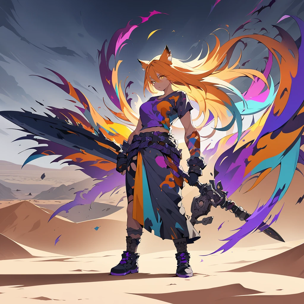fox girl, medium skin, 1 young beautiful muscular body, fierce expression, holding a scimitar, (colors on her clothes, warm, orange, yellow, violet:1.3), standing on a desert, dramatic lighting, intense shadows, sandy texture, tall contrast, vibrant colors, dynamic pose, powerful stance, rugged background, explosive atmosphere, dystopian theme, surreal elements, digitally painted illustration, HD resolution, intricate details, dramatic composition, avant-garde and chaotic brush strokes, gothic style, intense emotions, epic scale, raw and gritty feel, captivating and provocative artwork.