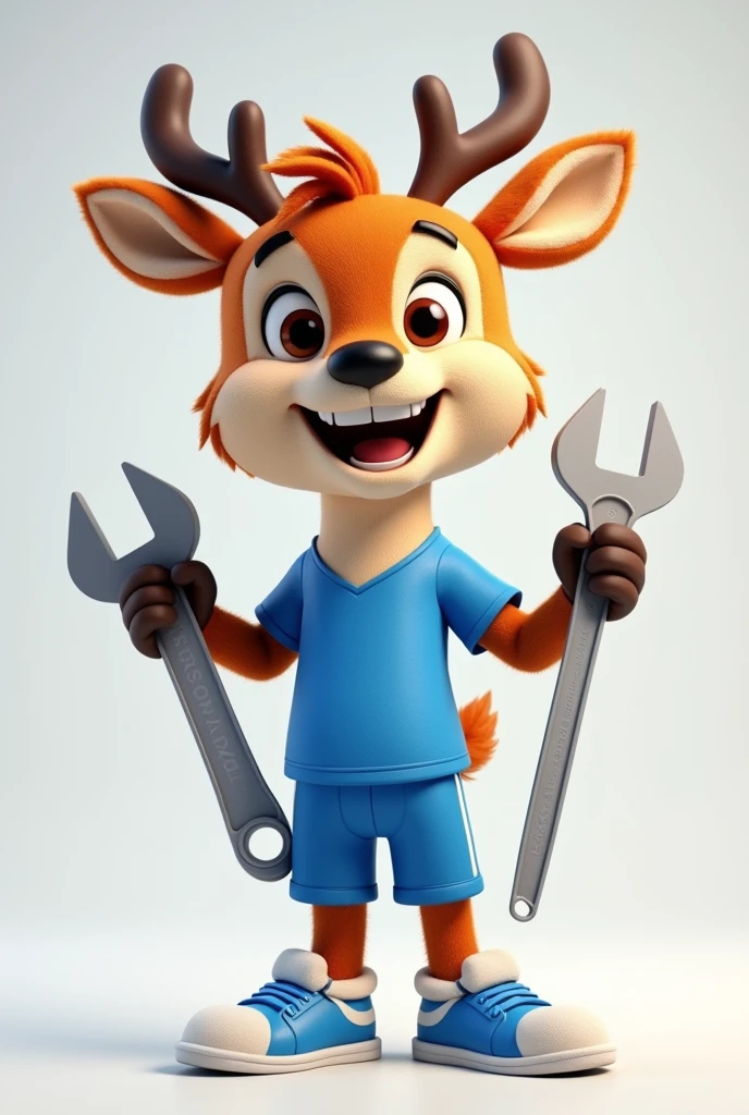 3d cartoon, realistic cartoon of a mascot deer, a (furry) mascot deer smiling and holding a stilson key, blue sports shirt and shorts, sneakers