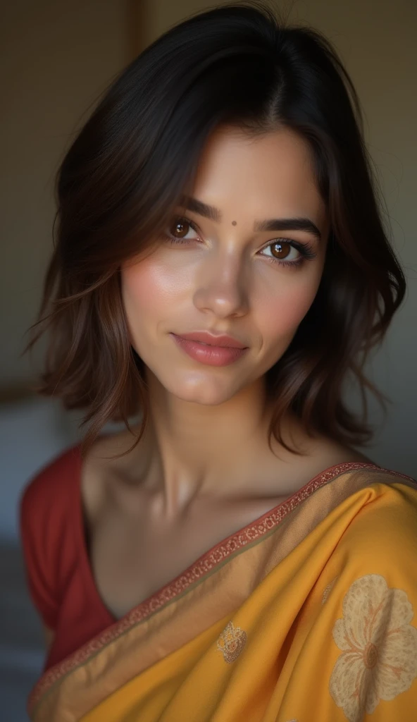 A close-up, realistic portrait of a woman with short, straight brown hair, a neutral expression, and natural makeup, set against a solid bedroom background. The woman is wearing a saree. and is gazing towards the left side of the camera. The image captures fine details in her face and hair, with soft lighting emphasizing her features.
