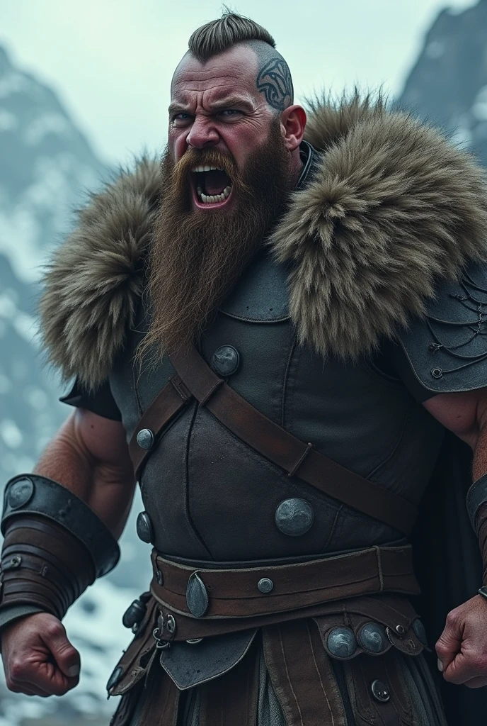  a mega realistic viking screaming with his teeth showing, with a Nordic tattoo around his eye