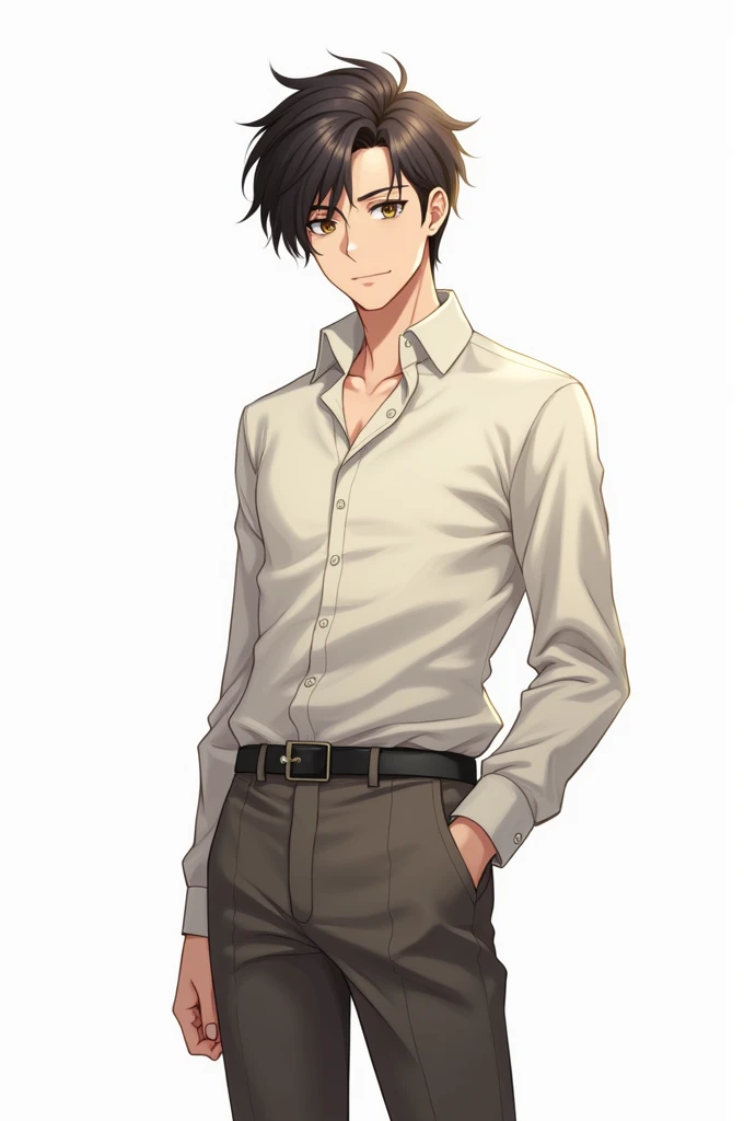 Male character art in anime with shirt and pant outfit and white background with Full body image