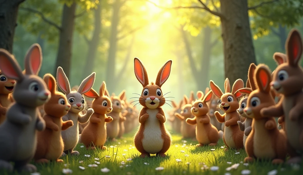 "Back in the forest, all the animals are celebrating joyfully. They are dancing, cheering, and hugging each other as the clever rabbit stands in the center, being praised for his bravery and intelligence. The atmosphere is bright and happy."