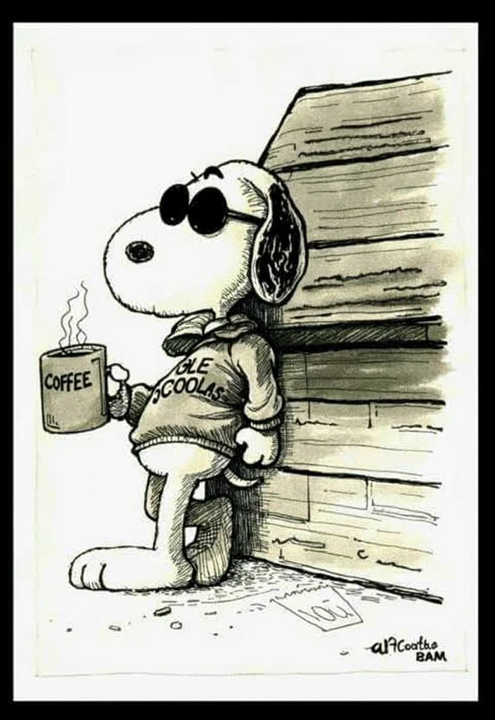 snoopy with sunglasses leaning against the little house, holding a cup of coffee