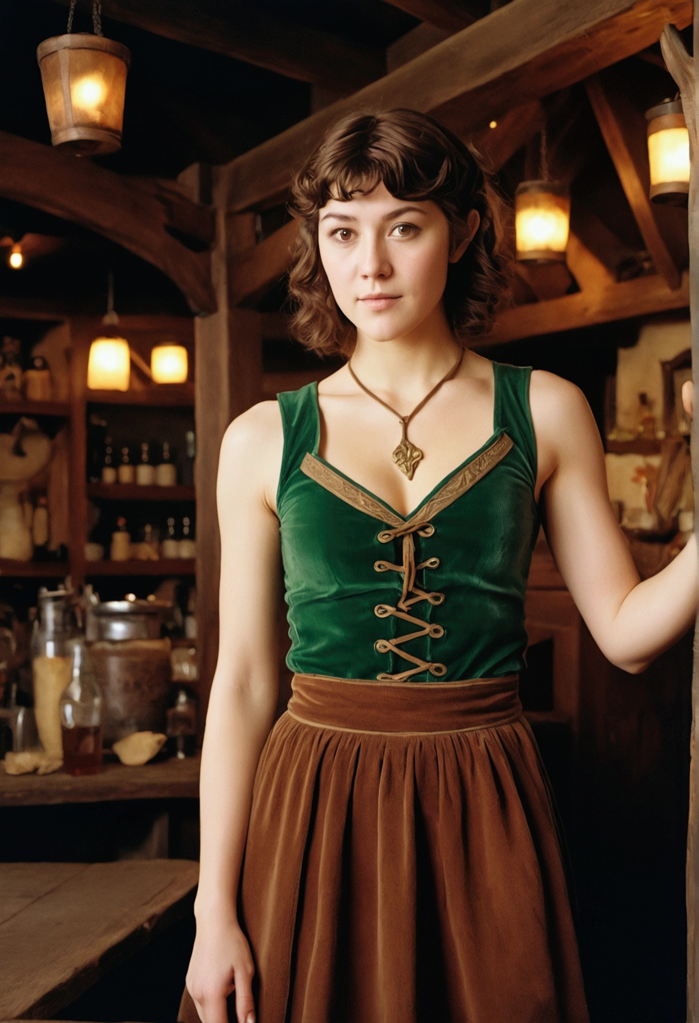 analog film photograph, photo of an elven maiden, 18-years-old, amazonian stature, athletic hourglass figure, busty breasts, narrow waist, full wide hips, big round buttocks, wearing a tank top and a corduroy skirt, warm almond complexion, pointy elf ears, dark hair, short curly bob cut, resembles Mary Elizabeth Winstead, posing in a seedy medieval tavern, RAW Photograph, dslr, soft lighting, high quality, film grain, Fujifilm XT3, detailed skin with visible pores, insane details, masterpiece, 8k, 35mm photograph, dslr, kodachrome, faded film, desaturated, grainy, vintage, Lomography, stained, highly detailed, found footage, long elven ears