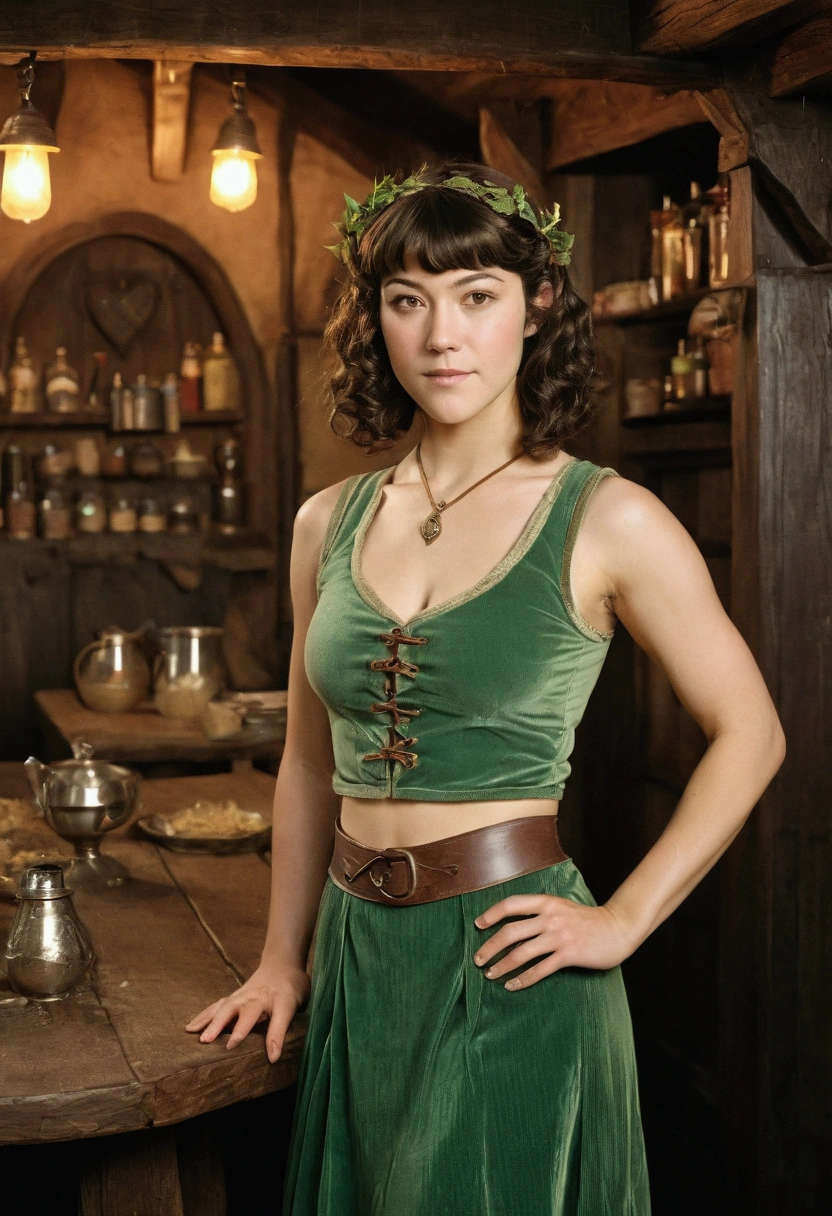 analog film photograph, photo of an elven maiden, 18-years-old, amazonian stature, athletic hourglass figure, busty breasts, narrow waist, full wide hips, big round buttocks, wearing a tank top and a corduroy skirt, warm almond complexion, pointy elf ears, dark hair, short curly bob cut, resembles Mary Elizabeth Winstead, posing in a seedy medieval tavern, RAW Photograph, dslr, soft lighting, high quality, film grain, Fujifilm XT3, detailed skin with visible pores, insane details, masterpiece, 8k, 35mm photograph, dslr, kodachrome, faded film, desaturated, grainy, vintage, Lomography, stained, highly detailed, found footage, long elven ears