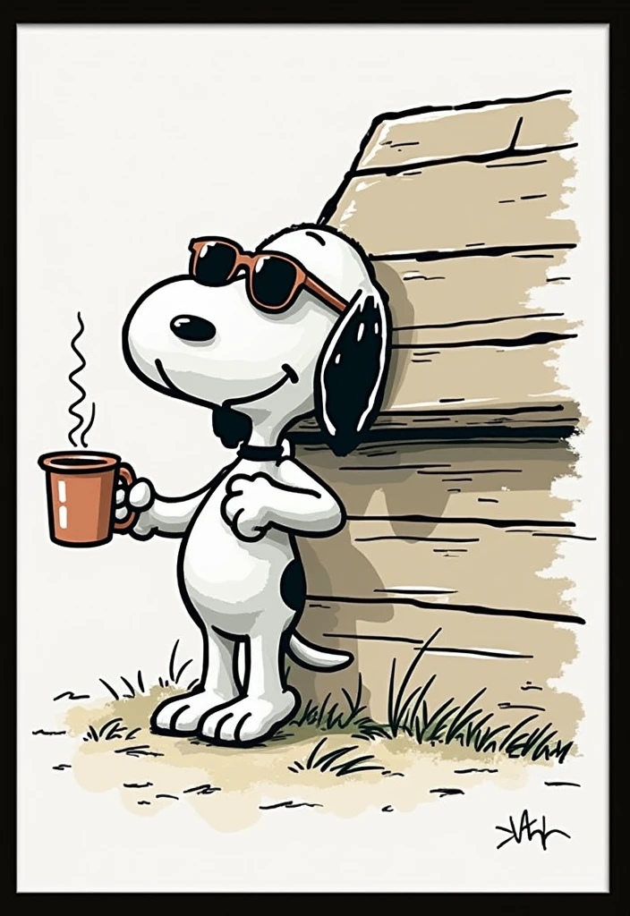 snoopy with sunglasses leaning against the little house, holding a cup of coffee