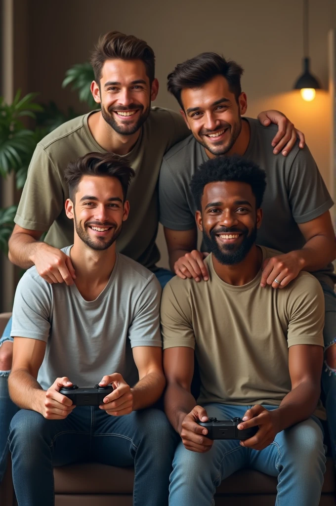 4 male friends two very tall height with fair skin one with short height and other with mid height and dark skin with gaming background