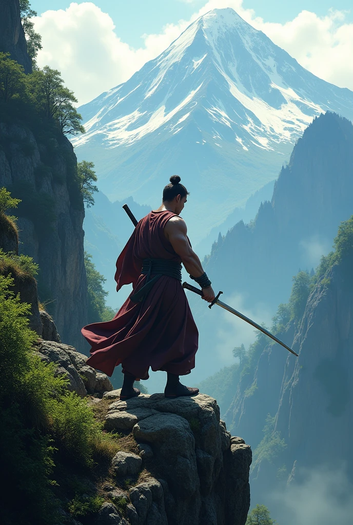 Malay swordsman with martial arts climbing handsome on the top of the mountain 