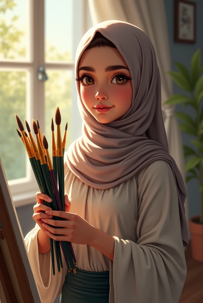 A girl with hijab some paint brush in her hand