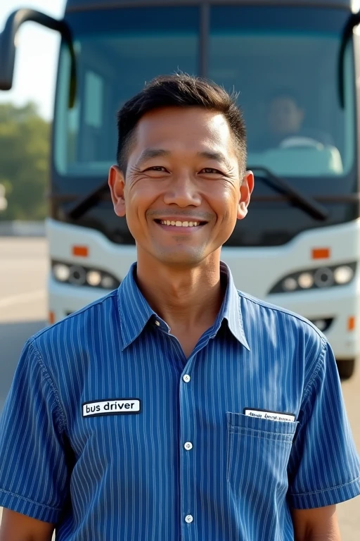 a handsome 2 man from Indonesia, short and neat hair, wearing a blue striped shirt, the words "Bus Driver" on the right chest, and the words "Tyo Lumanto" on the left chest, standing behind the bus. big in a parking lot, smile expression, realistic, super HD, detailed.