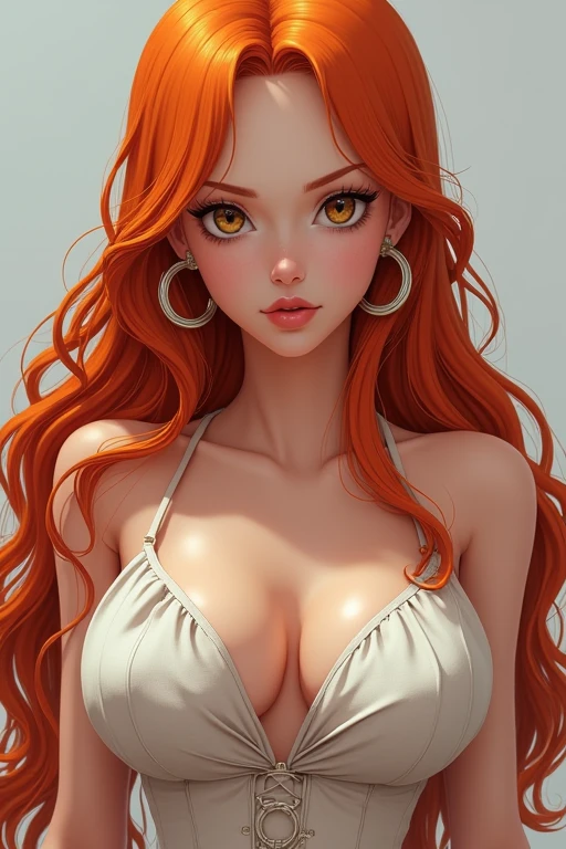 Nami one piece,high resolution, very long hair, high resolution, Masterpiece artwork, precise, anatomically correcte, Awarded several times, best qualityer,  HD Model, breastsout grandes, breastsout, hoop earings, longye hair, language, 