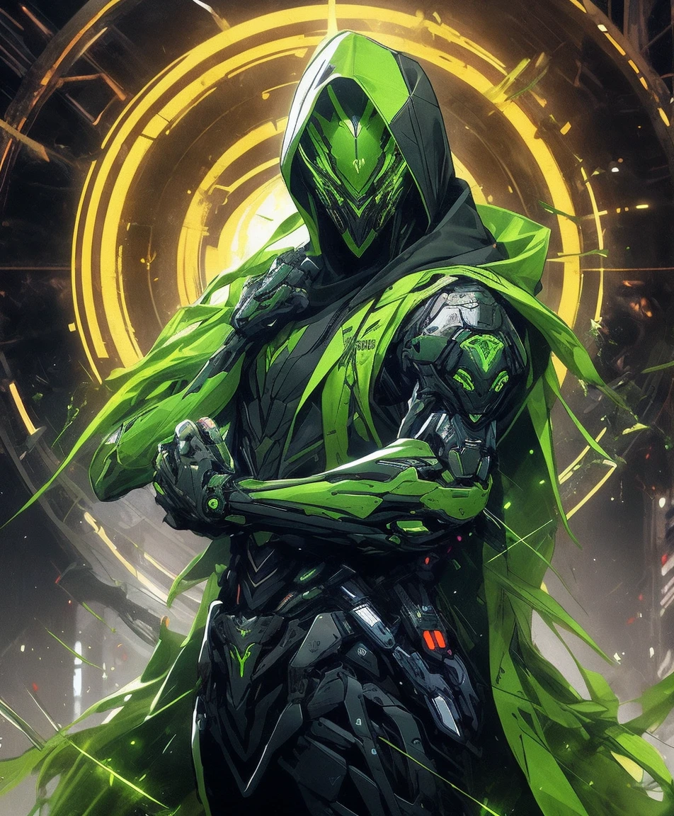 a man in a green jacket and black pants standing in a dark room, wearing cultist green robe, green attire, character from mortal kombat, as a character in tekken, fighting game character, cyberpunk assassin, green hooded mage, cyberpunk outfits, green clothes, the green ninja, wearing leather assassin armor, an edgy teen assassin, cool green jacket, cyberpunk street goon