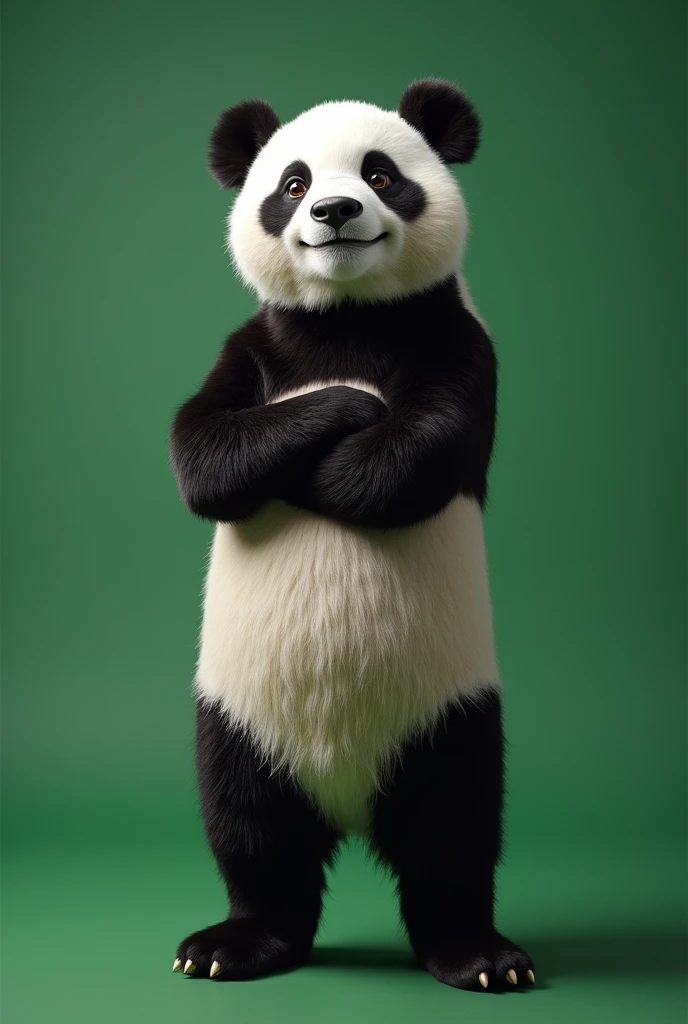 Ultra-realism、masterpiece、Highest quality、Film Grain、solid green background、(((Panda、着ぐるみを着た人みたいなPanda、Arms crossed、Grin、Stand with your feet apart)))、(Wow smile)、(Pandaは恨めしそうに見つめている:2)、far and near method, ((masterpiece, best quality, ultra detailed, 8k, photorealistic, hyperrealistic photo)),