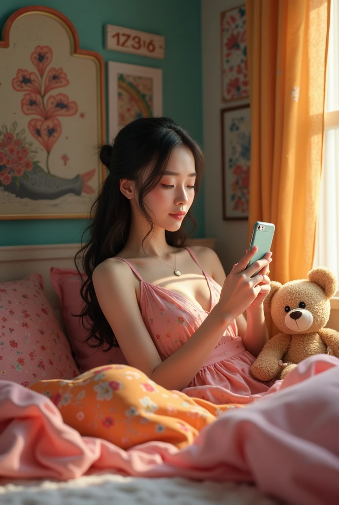 Thai woman, beautiful, playing with mobile phone, colorful bedroom, teddy bear, cute, realistic

