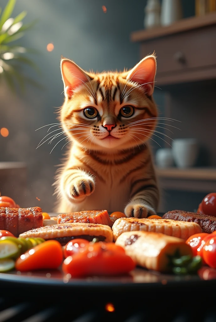 Cat makes、barbecue、vegetables、fish、meat、Grilling on a hot plate、High Contrast、Photon Mapping